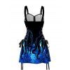 Galaxy Octopus Print Lace Up Mini Dress Half Zipper Adjustable Buckle Strap Dress - BLUE XXL