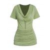 T-shirt Décontracté Chiné Drapé avec Chaîne Anneau en O Manches Courtes à Col Bénitier - Vert clair XXL