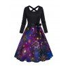 Celestial Sun Moon Star Galaxy Print Long Sleeve Dress Bowknot Cross High Waist A Line Dress