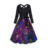 Robe Ligne A à Imprimé Etoile Lune Soleil Galaxie à Taille Haute avec Nœud Papillon - Pourpre L