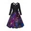Robe Ligne A à Imprimé Etoile Lune Soleil Galaxie à Taille Haute avec Nœud Papillon - Pourpre L