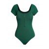 Maillot de Bain Une-Pièce Matelassé en Couleur Unie à Demi-Zip à Manches Courtes - Vert profond 2XL
