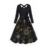 Robe Ligne A à Imprimé Etoile Lune Soleil Galaxie à Taille Haute avec Nœud Papillon - Noir XXXL