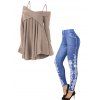 Cold Shoulder Crossover Plain Sweater And Flower Faux Denim 3D Print Jeggings Casual Outfit - multicolor S