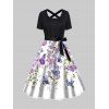 Robe Combo Ligne A Ceinturée à Imprimé Fleur et Papillon à Taille Haute - Noir XXL