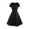 Gothic Dress Solid Color Grommet Lace Up Lace Panel High Waisted Dress Surplice A Line Mini Dress - BLACK XXL