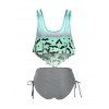 Tummy Control Tankini Swimwear Gothic Swimsuit Stripe Bat Print Mesh Cinched Summer Beach Bathing Suit - LIGHT GREEN S