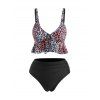 Maillot de Bain Tankini Léopard Noué à Volants - Noir XXL