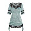 T-shirt Décontracté Chiné Noué Panneau en Dentelle Transparente à Manches Courtes - Vert clair XL