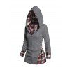 Pull à Capuche Boutonné à Carreaux Imprimé en Tricot à Câble à Col Châle - Gris XXXL