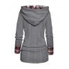 Twisted Cable Knit Plaid Print Hooded Sweater Mock Button Ruched Shawl Neck Sweater - GRAY S