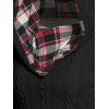Twisted Cable Knit Plaid Print Hooded Sweater Mock Button Ruched Shawl Neck Sweater - BLACK L