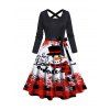 Robe à Carreaux à Manches Longues à Imprimé Lettre de Bonhomme de Neige Mignon de Noël avec Ceinture Nœud Papillon - Rouge XL