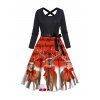 Robe Ligne A Ceinturée à Imprimé Note de Musique à Manches Longues avec Nœud Papillon - Rouge M