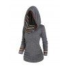 Tribal Stripe Hooded Knit Top Ruched Curved Hem Long Sleeve Knitted Top