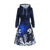 Mini Robe Ligne A à Capuche D'Halloween à Imprimé Crâne Squelette à Manches Longues à Cordon - Bleu profond S