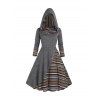 Tribal Colorful Stripe Panel Hooded Knit Dress Mock Button Long Sleeve A Line Knitted Dress