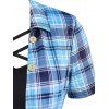 T-shirt Croisé en Blocs de Couleurs à Carreaux Imprimé avec Bouton de Grande Taille Fausse Deux Pièces - Bleu clair 4X