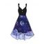 Vintage Dress Sun Moon Print Dress Empire Waist Mock Button Mesh High Low Midi Dress - PURPLE L