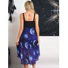 Vintage Dress Sun Moon Print Dress Empire Waist Mock Button Mesh High Low Midi Dress - PURPLE L