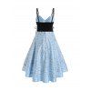 Elegant Party Dress Embroidered Leaf Floral Mesh Overlay Lace Up High Waist High Low Midi Prom Dress - LIGHT BLUE L