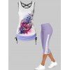 Clock Floral Print Cinched Criss Cross Ringer Tank Top And Lace Up Skinny Crop Leggings Summer Outfit - LIGHT PURPLE S