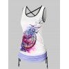 Clock Floral Print Cinched Criss Cross Ringer Tank Top And Lace Up Skinny Crop Leggings Summer Outfit - LIGHT PURPLE S