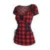 Corset Lace Up T Shirt Sweetheart Neck Plaid Checkerboard Tee - RED XL