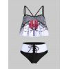 Maillot de Bain Tankini Matelassé en Blocs de Couleurs Rose Print - Noir XL