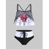 Dagger Rose Print Colorblock Padded Tankini Swimsuit - BLACK XXXL