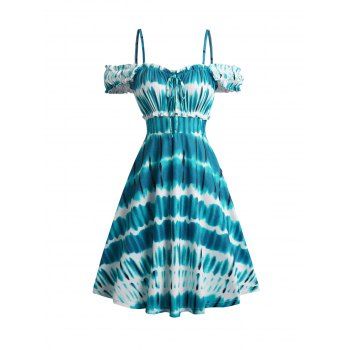 

Streak Dye Print Tied Dress Adjustable Spaghetti Strap Ruffled Trim Dress, Blue