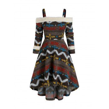 

Knitted Tribal Print Cold Shoulder High Low Dress, Coffee
