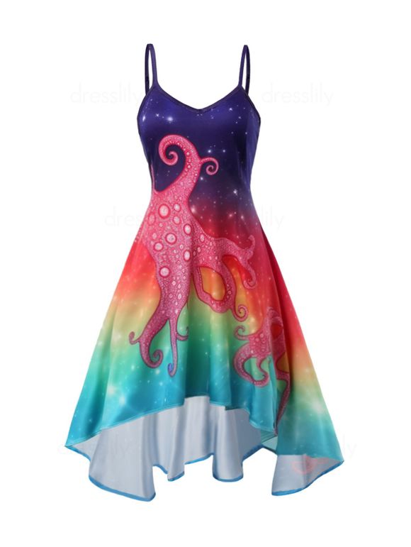 Octopus Print Cami Dress Adjustable Spaghetti Strap High Low Midi Dress - multicolor XXL