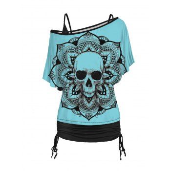 

Skull Print Skew Neck T Shirt and Cinched Ruched Long Camisole Set, Light green