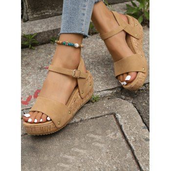 

Rivets Open Toe Buckle Strap Wedge Sandals, Dark khaki