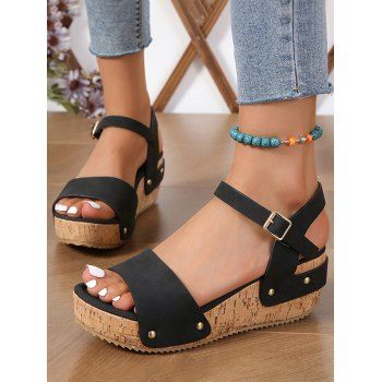 

Rivets Open Toe Buckle Strap Wedge Sandals, Black