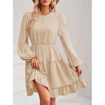 

Swiss Dot Frilled Tiered Dress Plain Color Long Sleeve Casual Mini Dress, Light yellow