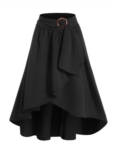 Overlay Skirt Solid Color Self Belted Ruffle Asymmetrical Hem Zip Up Midi Skirt