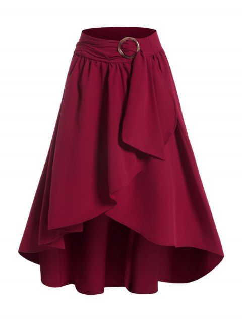 Overlay Skirt Solid Color Self Belted Ruffle Asymmetrical Hem Zip Up Midi Skirt