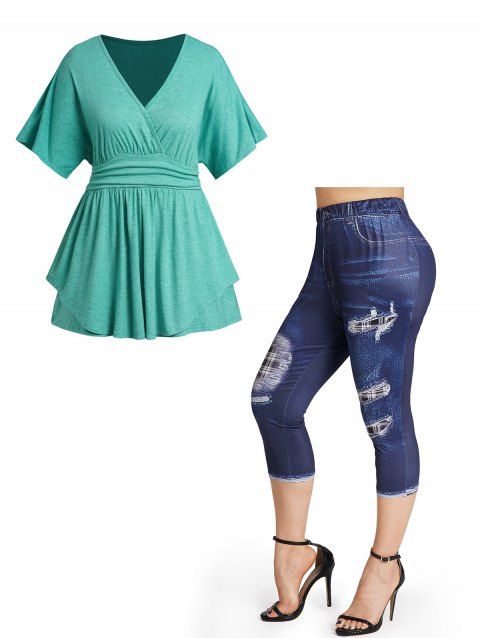 Plus Size Heather Surplice Plunging Neck T Shirt and Faux Denim Jeggings Outfit