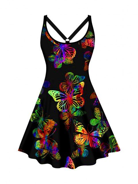 Plus Size Colorful Butterfly Print Tank Dress A Line Casual Mini Dress