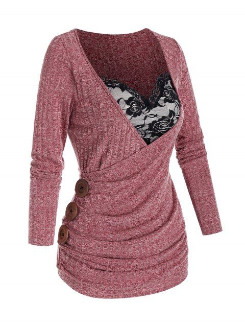 2 in 1 Rose Lace Panel Mock Button Surplice Gathered Heathered T Shirt
