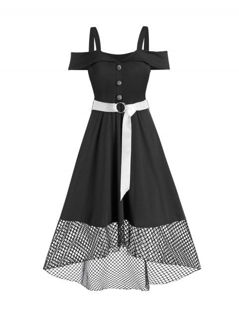 Robe Ceinturée à Epaule Dénudée en Résille Insérée
