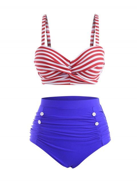 Tummy Control Bikini Swimsuit Striped Print Twisted High Waisted Sailor-style Ruched Beach Swimwear