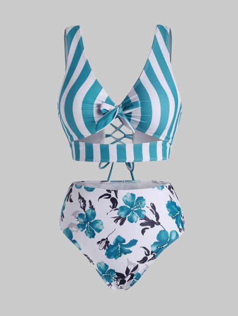 Maillot de Bain Tankini Découpé Croisé Fleuri Rayé Noué à Lacets de Vacance et Plage