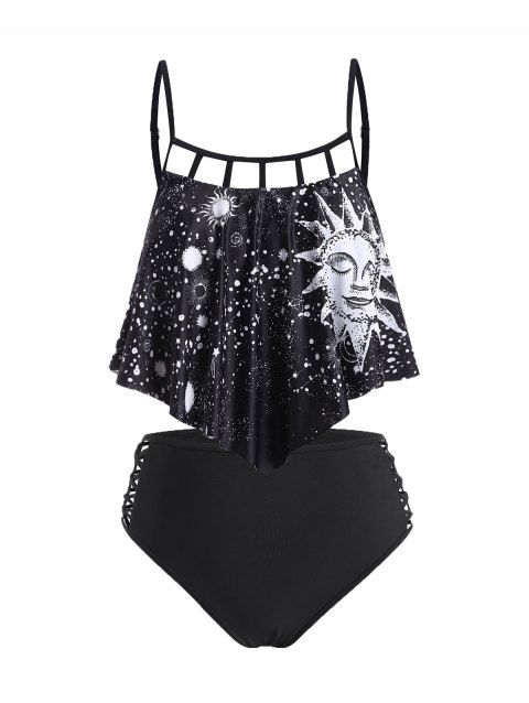 Gothic Tankini Swimwear Astrology Sun Star Moon Print Swimsuit Flounce Lattice Beach Bathing Suit