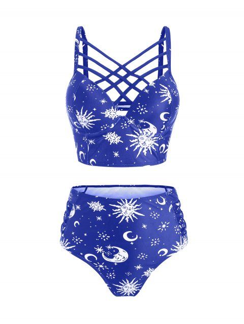 Vintage Tankini Swimsuit Corset Moon Sun Bathing Suit Star Print Lattice Summer Beach Swimwear
