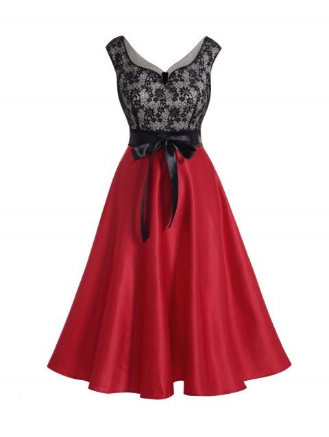Contrast Colorblock Flower Lace Party Dress Bowknot Sweetheart Neck High Waist Midi Dress