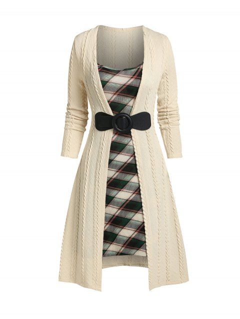 Patchwork Buckled Plaid Cable Knit Dress