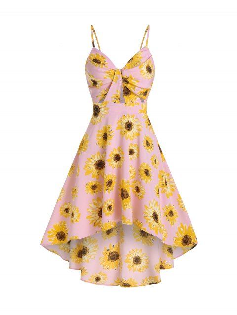 Vacation Sunflower Print Sundress Spaghetti Strap Summer High Low A Line Dress